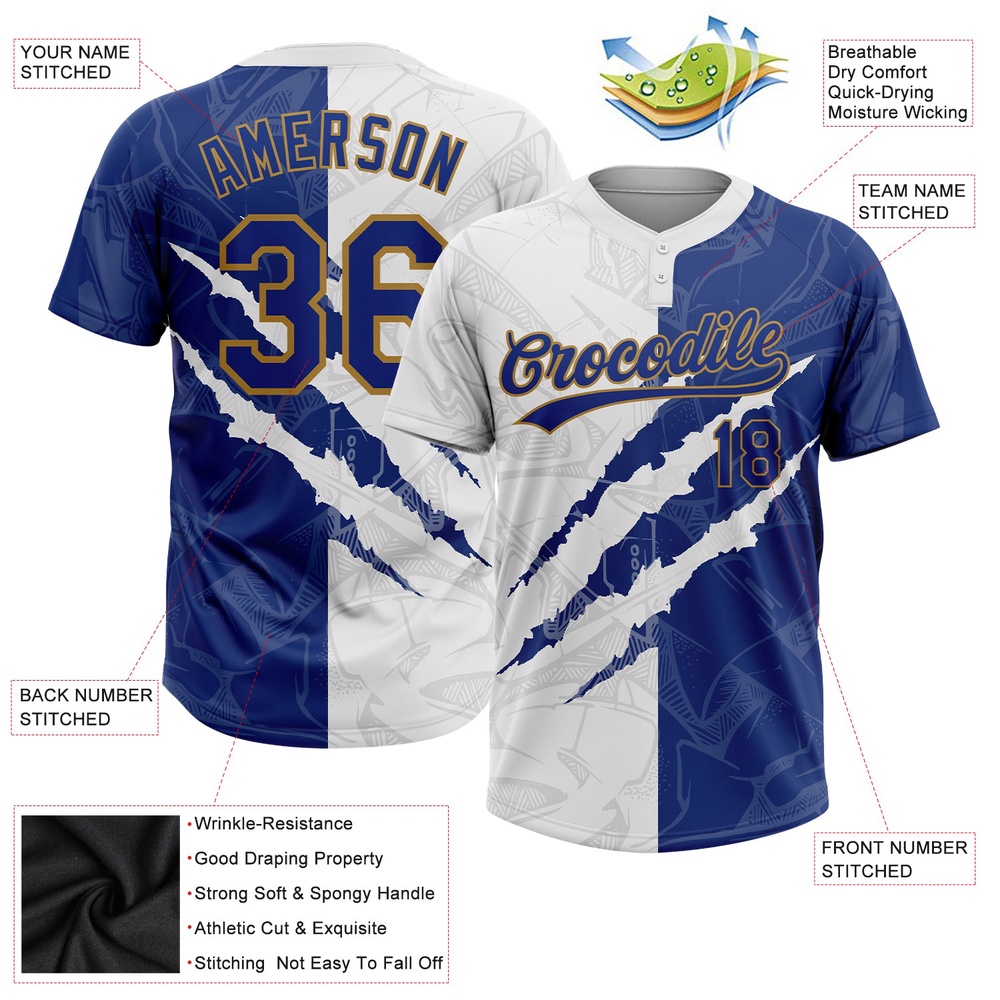 Graffiti Pattern Royal Old Gold 3D Two Button Unisex Softball Jersey, Custom Team Softball Jersey
