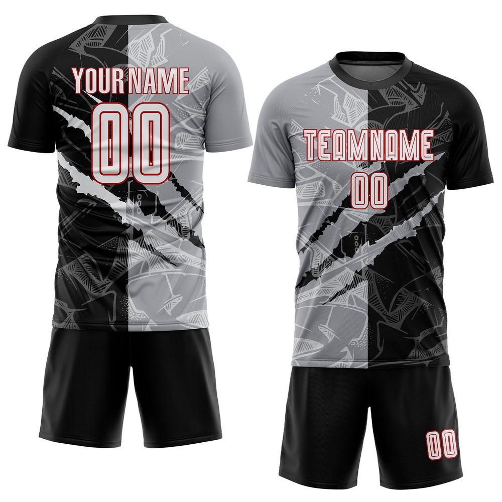 Graffiti Pattern White Black Gray Red Scratch Sublimation Soccer Uniform Jersey, Custom Team Soccer Jersey Shirt Graffiti Pattern White Black Gray Red Scratch Sublimation Soccer Uniform Jersey, Custom Team Soccer Jersey Shirt