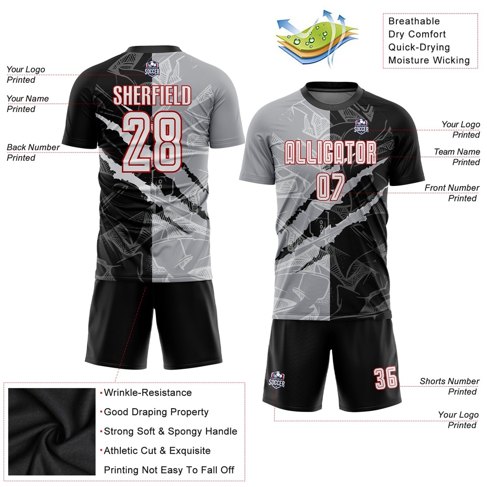 Graffiti Pattern White Black Gray Red Scratch Sublimation Soccer Uniform Jersey, Custom Team Soccer Jersey Shirt Graffiti Pattern White Black Gray Red Scratch Sublimation Soccer Uniform Jersey, Custom Team Soccer Jersey Shirt