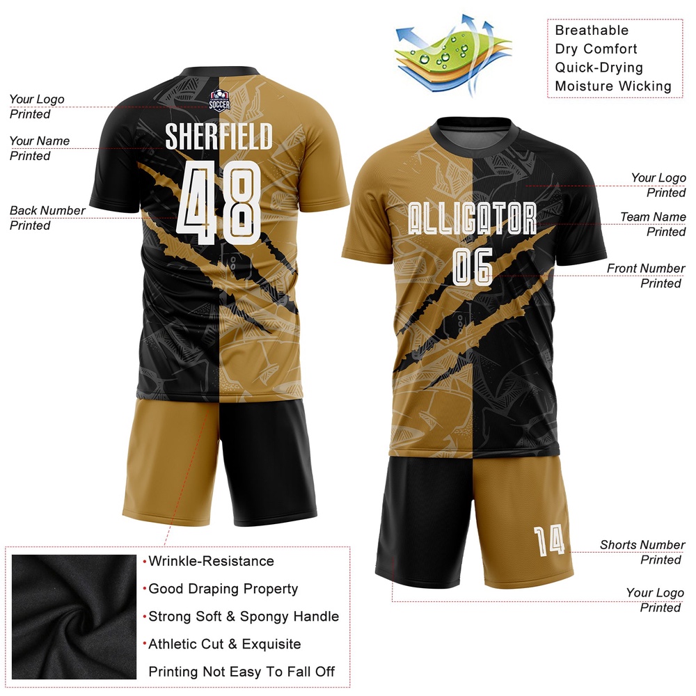 Graffiti Pattern White Black Old Gold Sublimation Soccer Uniform Jersey, Custom Team Soccer Jersey Shirt