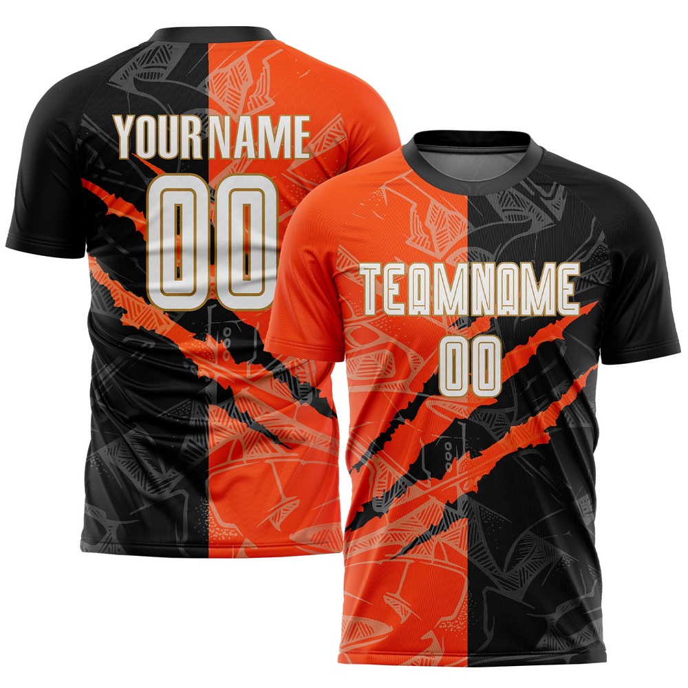 Graffiti Pattern White Black Orange Old Gold Sublimation Soccer Uniform Jersey, Custom Team Soccer Jersey Shirt