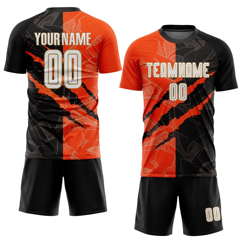 Graffiti Pattern White Black Orange Old Gold Sublimation Soccer Uniform Jersey, Custom Team Soccer Jersey Shirt