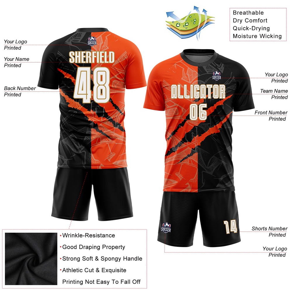 Graffiti Pattern White Black Orange Old Gold Sublimation Soccer Uniform Jersey, Custom Team Soccer Jersey Shirt