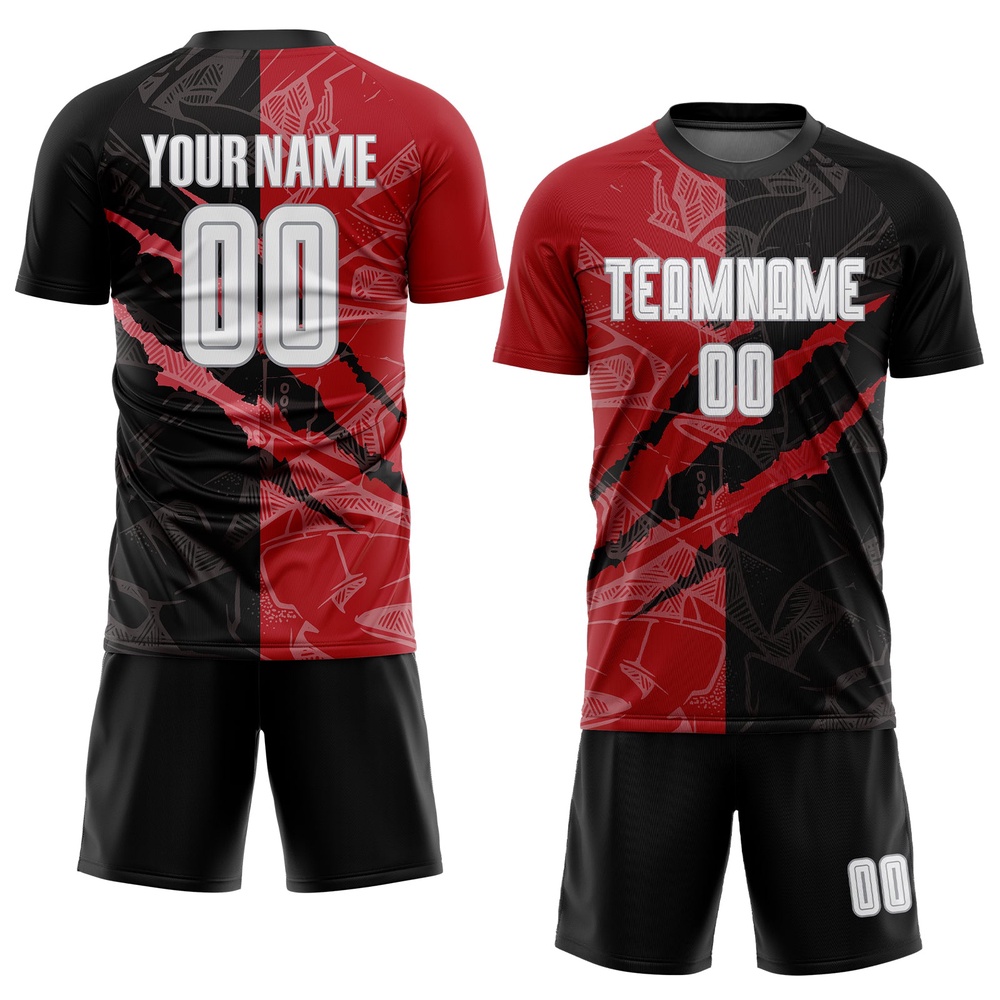 Graffiti Pattern White Black Red Gray Scratch Sublimation Soccer Uniform Jersey, Custom Team Soccer Jersey Shirt Graffiti Pattern White Black Red Gray Scratch Sublimation Soccer Uniform Jersey, Custom Team Soccer Jersey Shirt