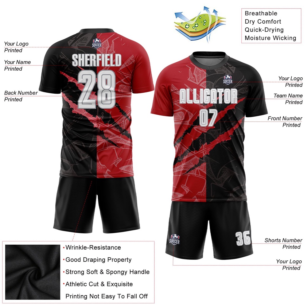 Graffiti Pattern White Black Red Gray Scratch Sublimation Soccer Uniform Jersey, Custom Team Soccer Jersey Shirt Graffiti Pattern White Black Red Gray Scratch Sublimation Soccer Uniform Jersey, Custom Team Soccer Jersey Shirt
