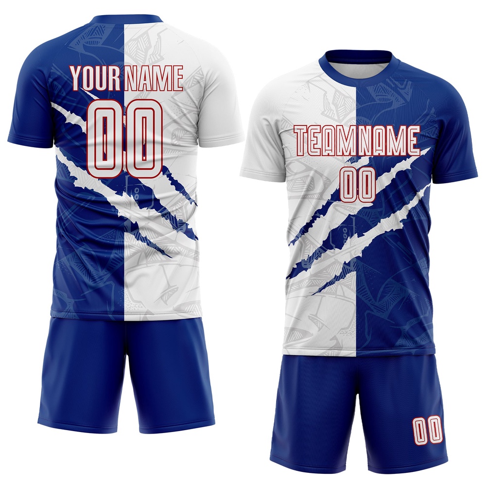 Graffiti Pattern White Royal Red Scratch Sublimation Soccer Uniform Jersey, Custom Team Soccer Jersey Shirt Graffiti Pattern White Royal Red Scratch Sublimation Soccer Uniform Jersey, Custom Team Soccer Jersey Shirt