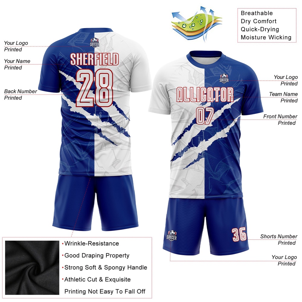 Graffiti Pattern White Royal Red Scratch Sublimation Soccer Uniform Jersey, Custom Team Soccer Jersey Shirt Graffiti Pattern White Royal Red Scratch Sublimation Soccer Uniform Jersey, Custom Team Soccer Jersey Shirt