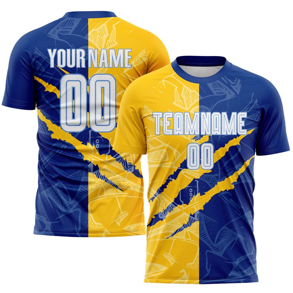 Graffiti Pattern White Royal Yellow Light Blue Scratch Sublimation Soccer Uniform Jersey, Custom Team Soccer Jersey Shirt