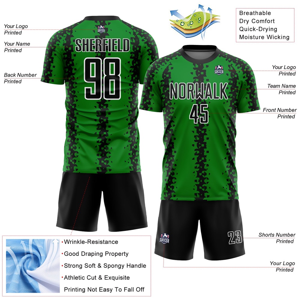 Grass Green Black White Abstract Geometric Pattern Sublimation Soccer Uniform Jersey, Custom Team Soccer Jersey Shirt