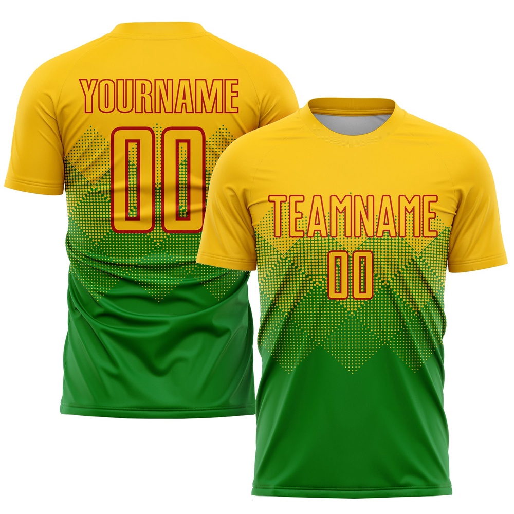 Grass Green Gold Red Sublimation Soccer Uniform Jersey, Custom Team Soccer Jersey Shirt