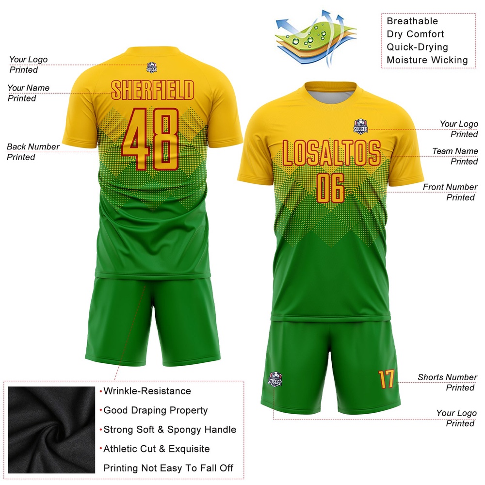 Grass Green Gold Red Sublimation Soccer Uniform Jersey, Custom Team Soccer Jersey Shirt