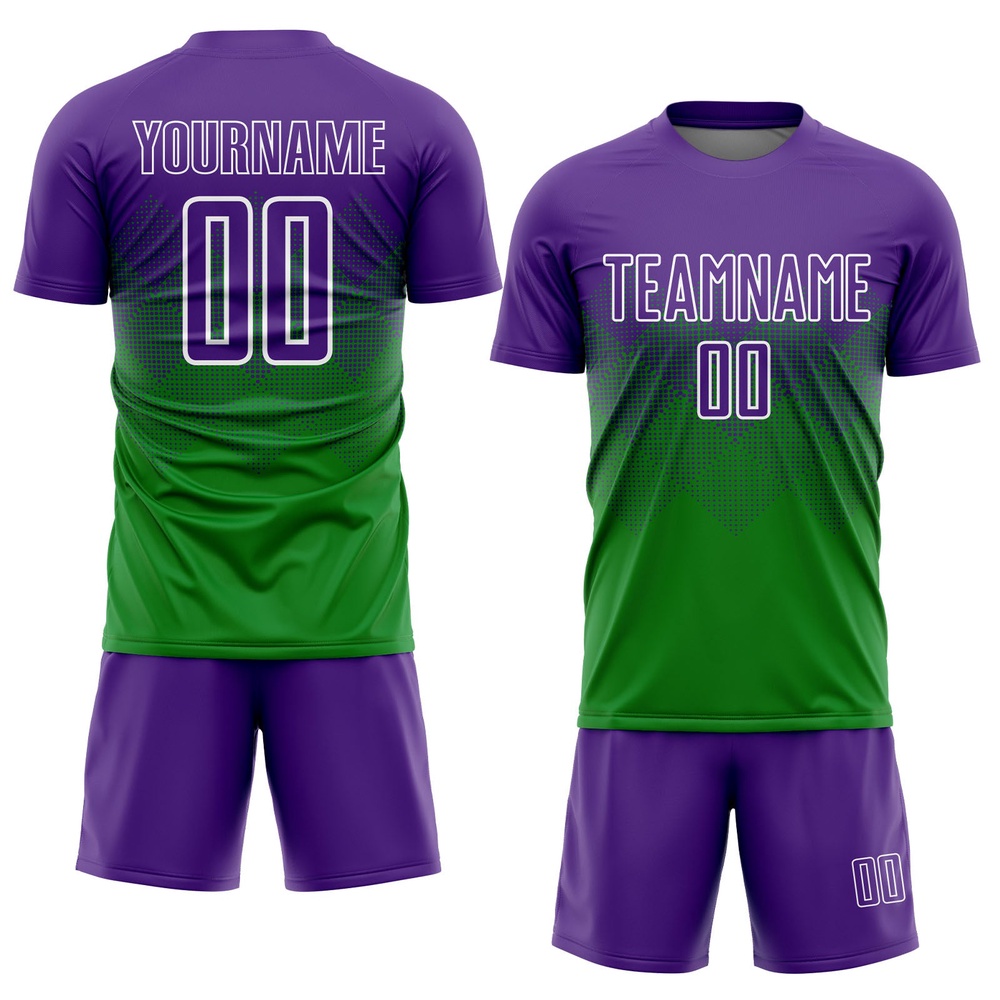 Grass Green Purple White Sublimation Soccer Uniform Jersey, Custom Team Soccer Jersey Shirt