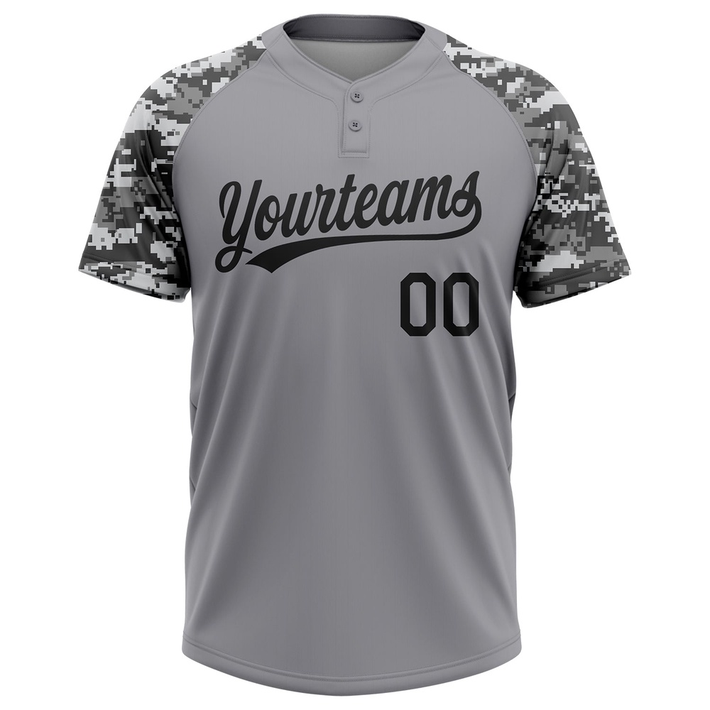 Gray Black Camo 3D Pattern Two Button Unisex Softball Jersey, Custom Team Softball Jersey