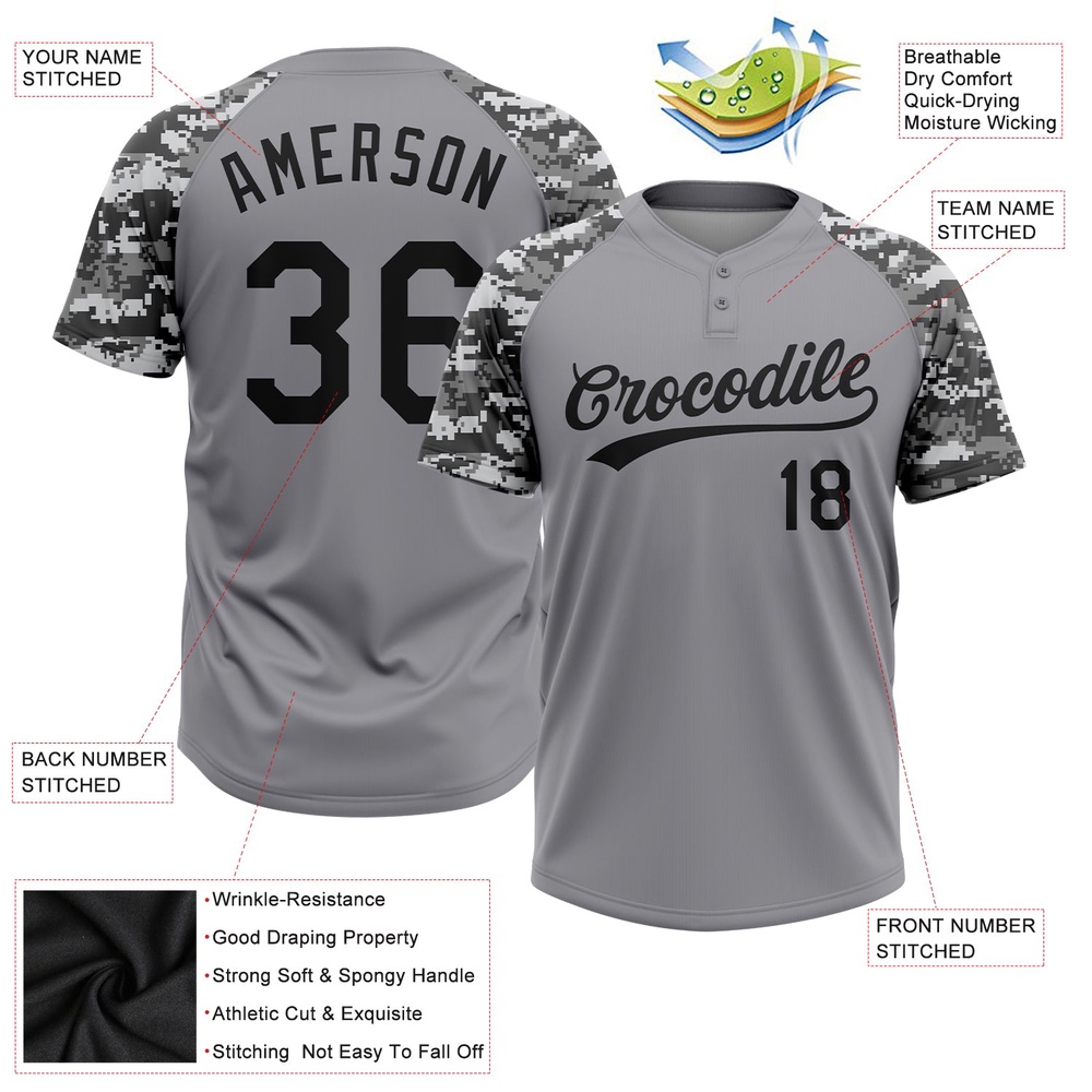 Gray Black Camo 3D Pattern Two Button Unisex Softball Jersey, Custom Team Softball Jersey