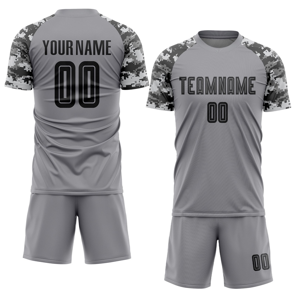Gray Black Camo Sublimation Soccer Uniform Jersey, Custom Team Soccer Jersey Shirt
