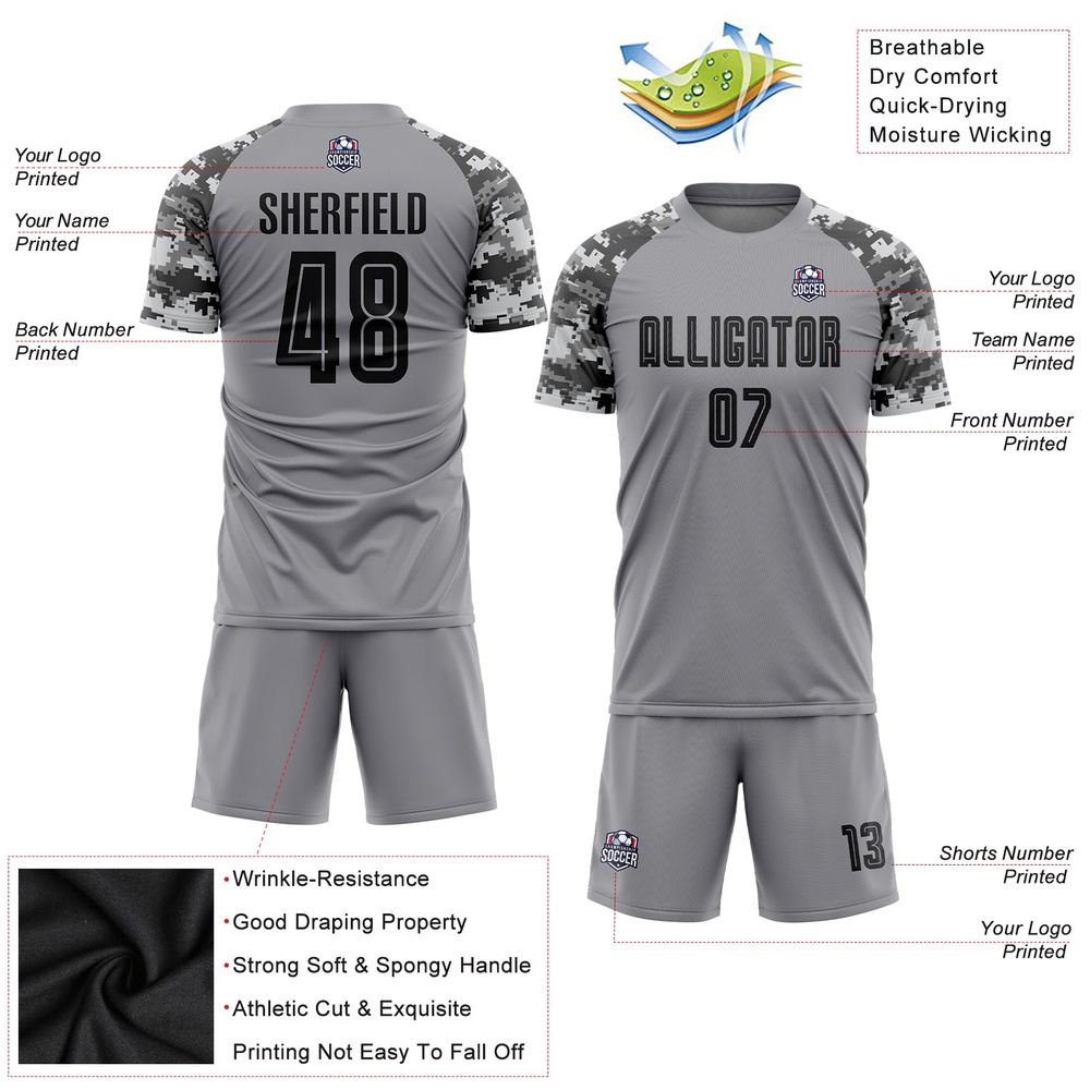 Gray Black Camo Sublimation Soccer Uniform Jersey, Custom Team Soccer Jersey Shirt