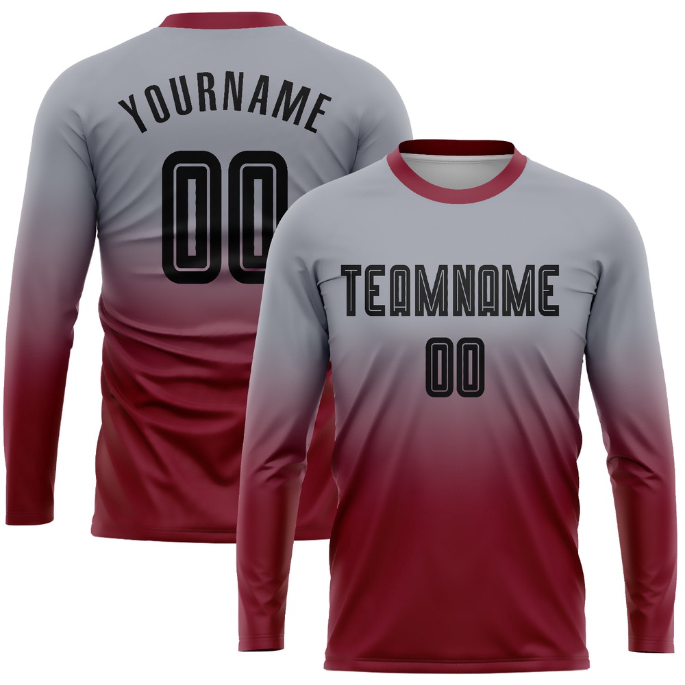Gray Black Crimson Sublimation Long Sleeve Fade Fashion Soccer Uniform Jersey, Custom Team Soccer Jersey Shirt Gray Black Crimson Sublimation Long Sleeve Fade Fashion Soccer Uniform Jersey, Custom Team Soccer Jersey Shirt