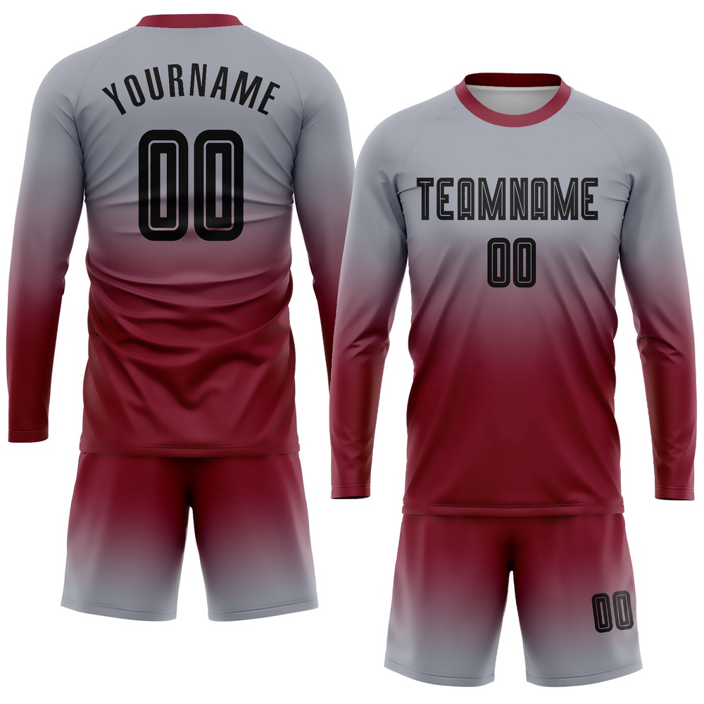 Gray Black Crimson Sublimation Long Sleeve Fade Fashion Soccer Uniform Jersey, Custom Team Soccer Jersey Shirt Gray Black Crimson Sublimation Long Sleeve Fade Fashion Soccer Uniform Jersey, Custom Team Soccer Jersey Shirt