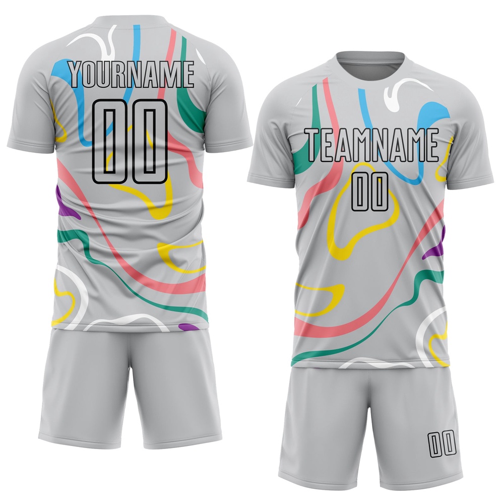 Gray Black Fluid Shapes Sublimation Soccer Uniform Jersey, Custom Team Soccer Jersey Shirt Gray Black Fluid Shapes Sublimation Soccer Uniform Jersey, Custom Team Soccer Jersey Shirt
