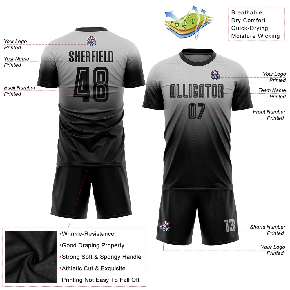 Gray Black Sublimation Fade Fashion Soccer Uniform Jersey, Custom Team Soccer Jersey Shirt