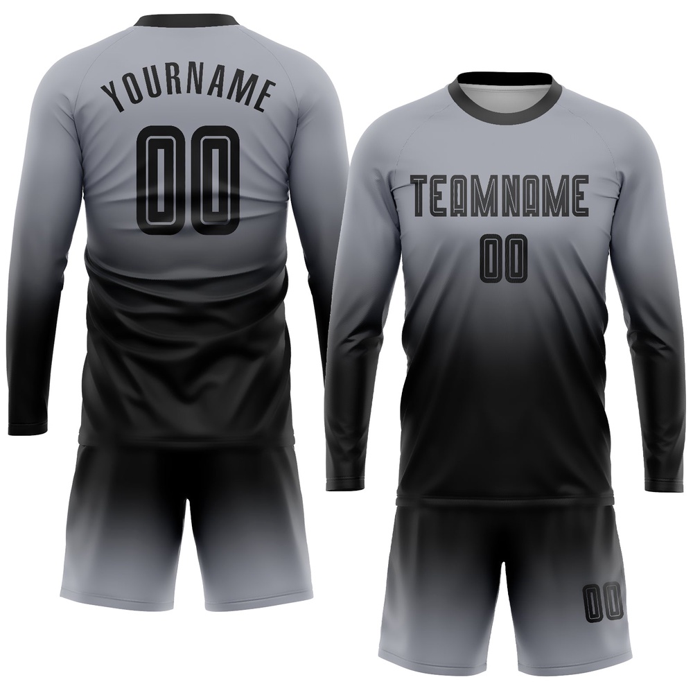 Gray Black Sublimation Long Sleeve Fade Fashion Soccer Uniform Jersey, Custom Team Soccer Jersey Shirt Gray Black Sublimation Long Sleeve Fade Fashion Soccer Uniform Jersey, Custom Team Soccer Jersey Shirt
