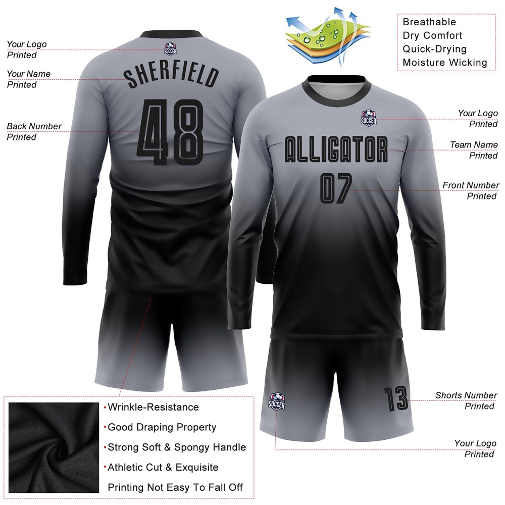 Gray Black Sublimation Long Sleeve Fade Fashion Soccer Uniform Jersey, Custom Team Soccer Jersey Shirt Gray Black Sublimation Long Sleeve Fade Fashion Soccer Uniform Jersey, Custom Team Soccer Jersey Shirt