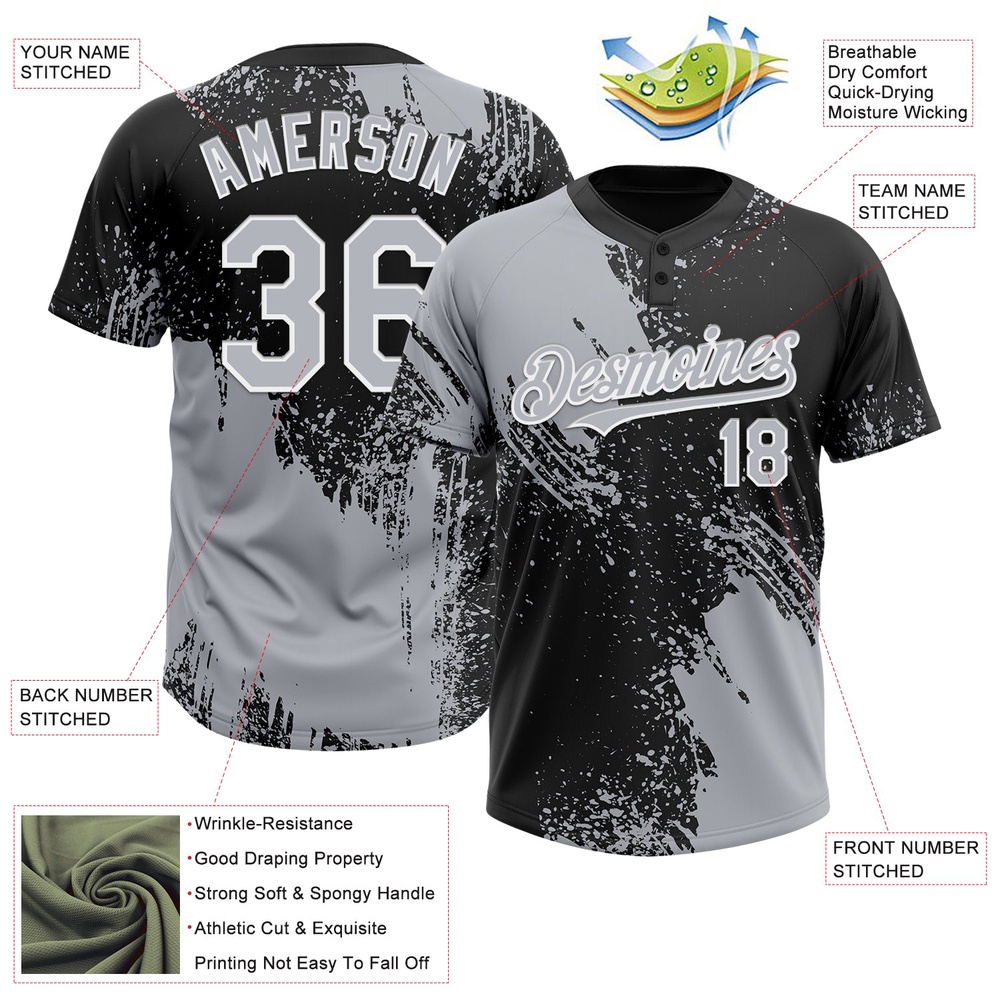 Gray Black White 3D Pattern Abstract Brush Stroke Two Button Unisex Softball Jersey, Custom Team Softball Jersey