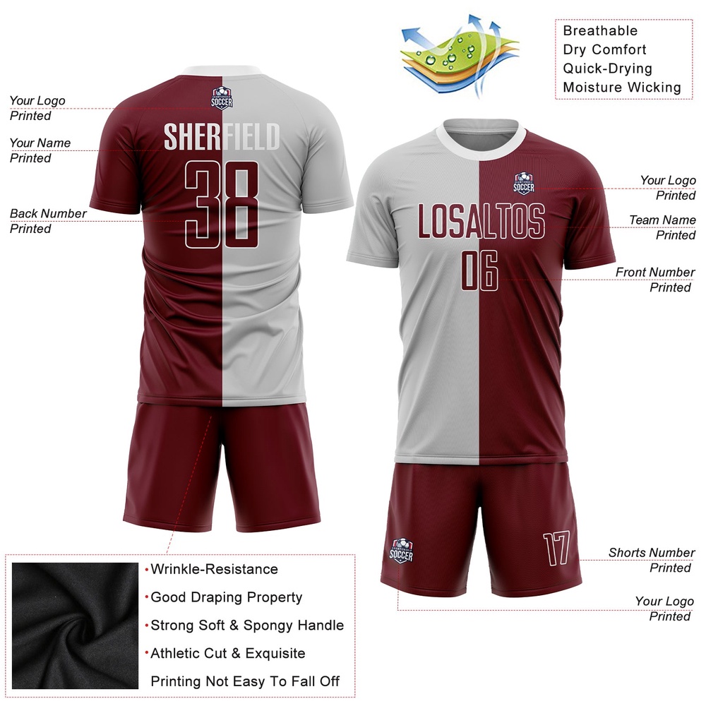 Gray Crimson White Sublimation Split Fashion Soccer Uniform Jersey, Custom Team Soccer Jersey Shirt Gray Crimson White Sublimation Split Fashion Soccer Uniform Jersey, Custom Team Soccer Jersey Shirt