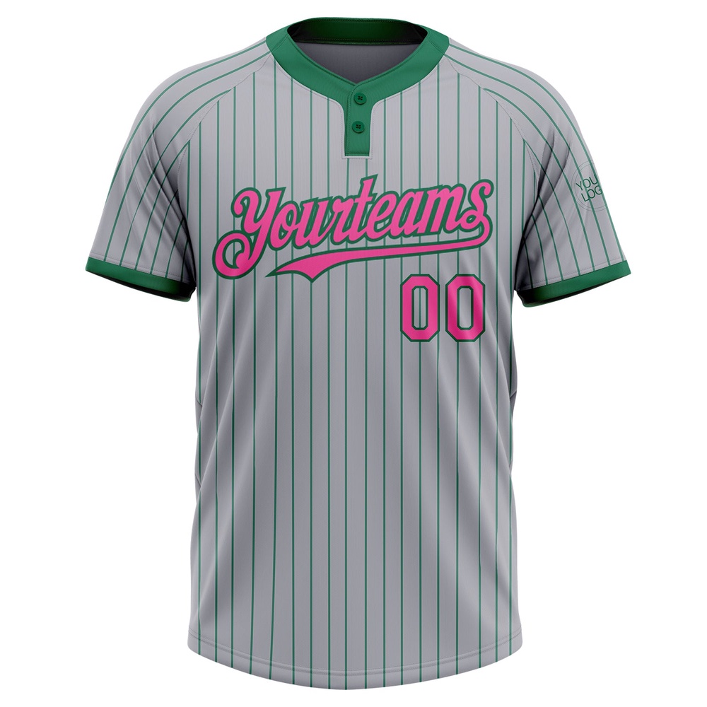 Gray Kelly Green Pinstripe Pink Two Button Unisex Softball Jersey, Custom Team Softball Jersey