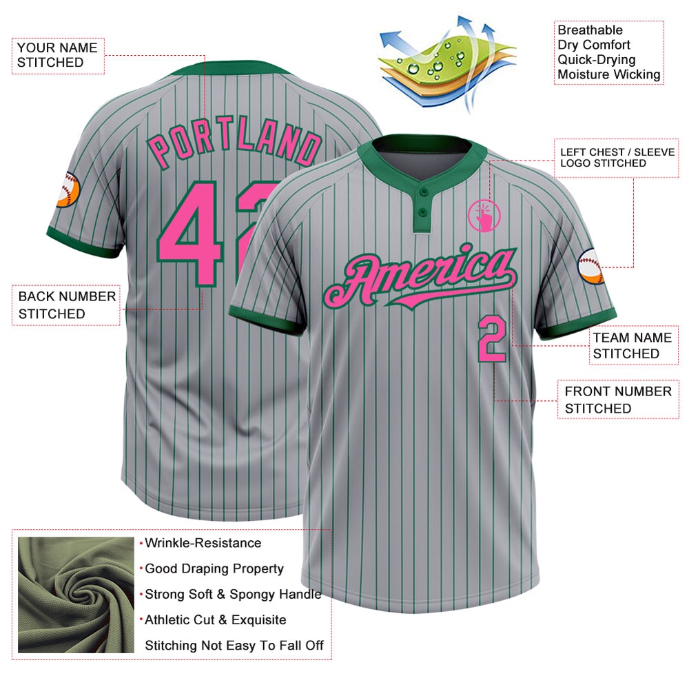 Gray Kelly Green Pinstripe Pink Two Button Unisex Softball Jersey, Custom Team Softball Jersey