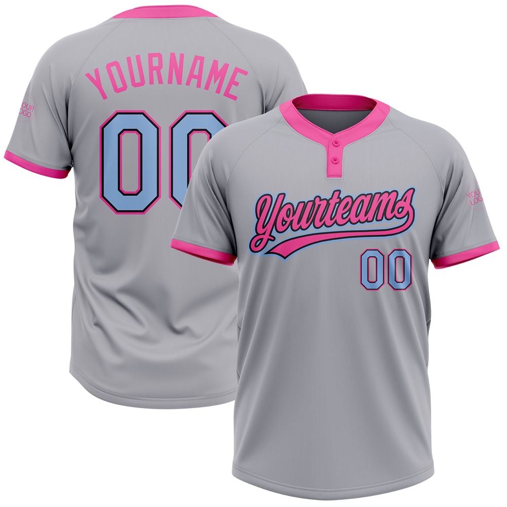 Gray Light Blue Black Pink Two Button Unisex Softball Jersey, Custom Team Softball Jersey