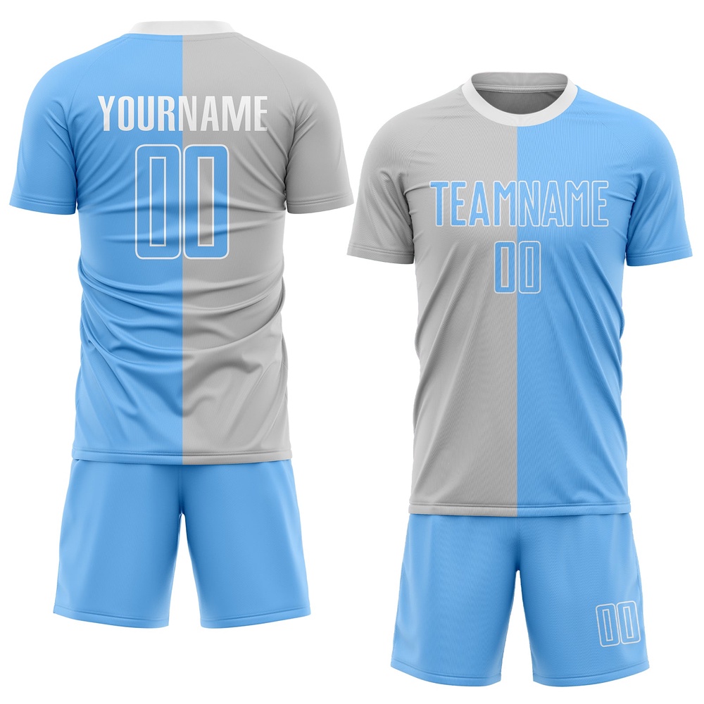 Gray Light Blue White Sublimation Split Fashion Soccer Uniform Jersey, Custom Team Soccer Jersey Shirt Gray Light Blue White Sublimation Split Fashion Soccer Uniform Jersey, Custom Team Soccer Jersey Shirt