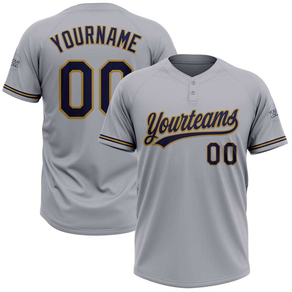Gray Navy Old Gold Two Button Unisex Softball Jersey, Custom Team Softball Jersey