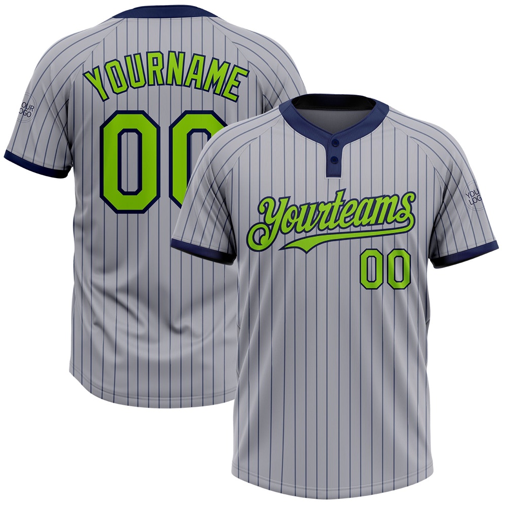 Gray Navy Pinstripe Neon Green Two Button Unisex Softball Jersey, Custom Team Softball Jersey
