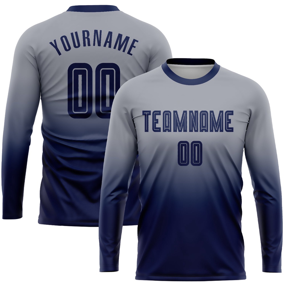 Gray Navy Sublimation Long Sleeve Fade Fashion Soccer Uniform Jersey, Custom Team Soccer Jersey Shirt