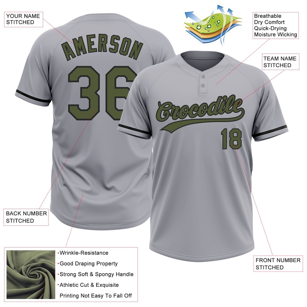 Gray Olive Black Two Button Unisex Softball Jersey, Custom Team Softball Jersey