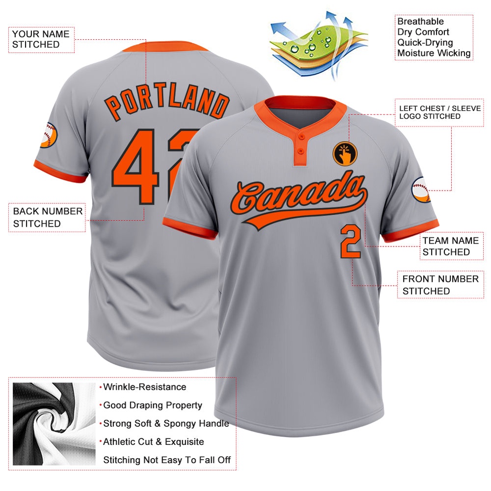 Gray Orange Black Two Button Unisex Softball Jersey, Custom Team Softball Jersey