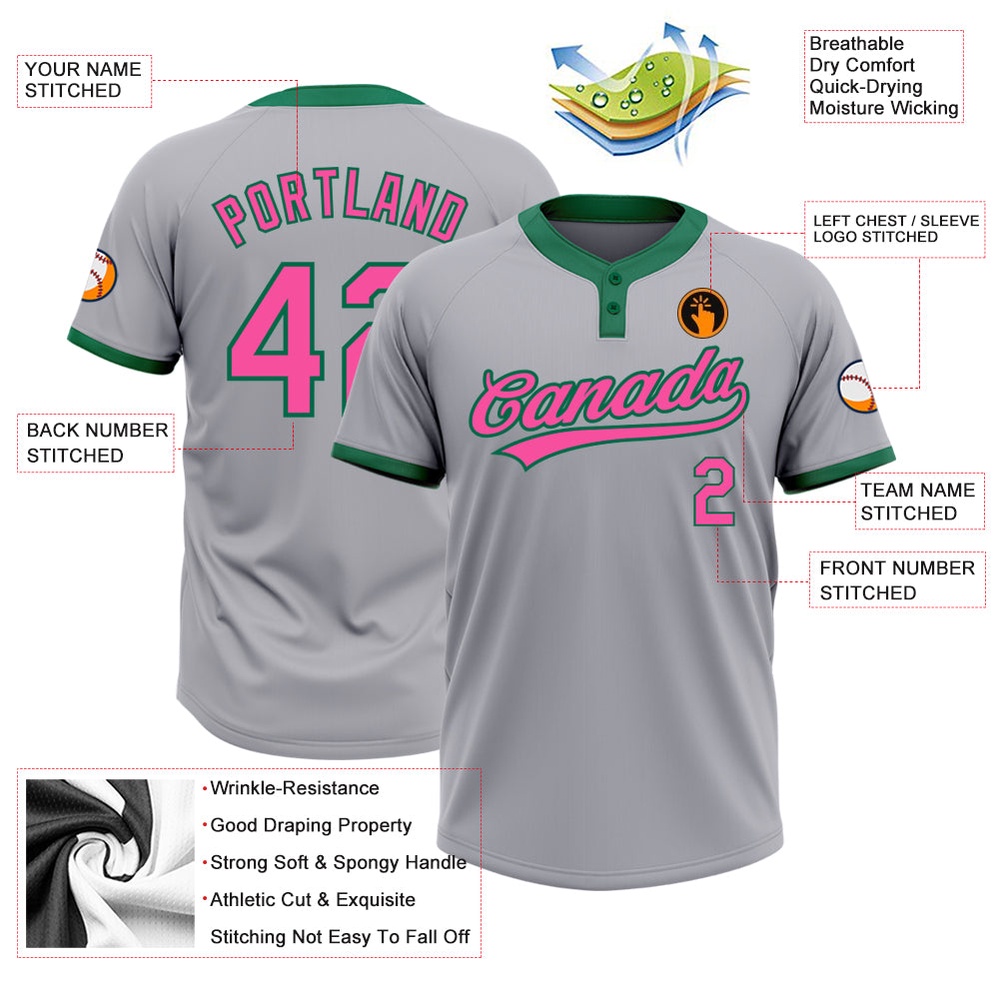 Gray Pink Kelly Green Two Button Unisex Softball Jersey, Custom Team Softball Jersey