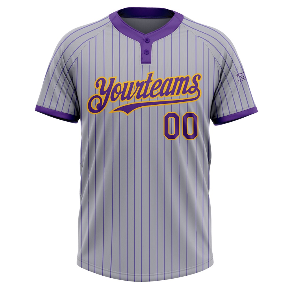 Gray Purple Pinstripe Gold Two Button Unisex Softball Jersey, Custom Team Softball Jersey
