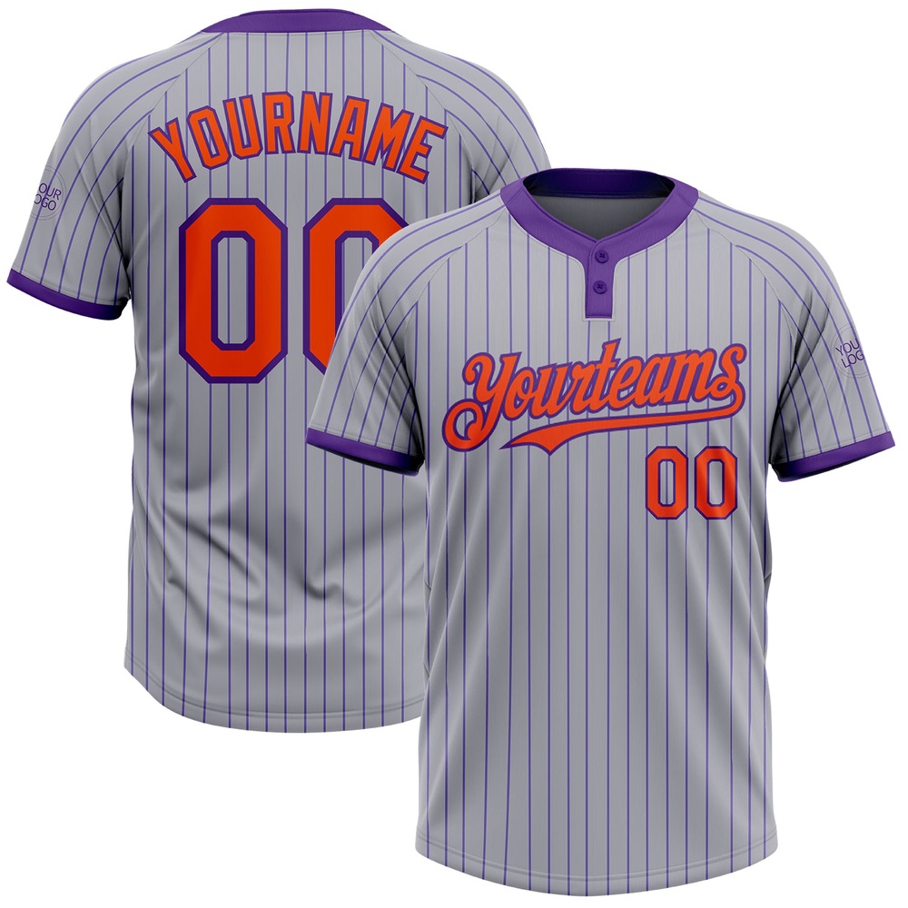 Gray Purple Pinstripe Orange Two Button Unisex Softball Jersey, Custom Team Softball Jersey