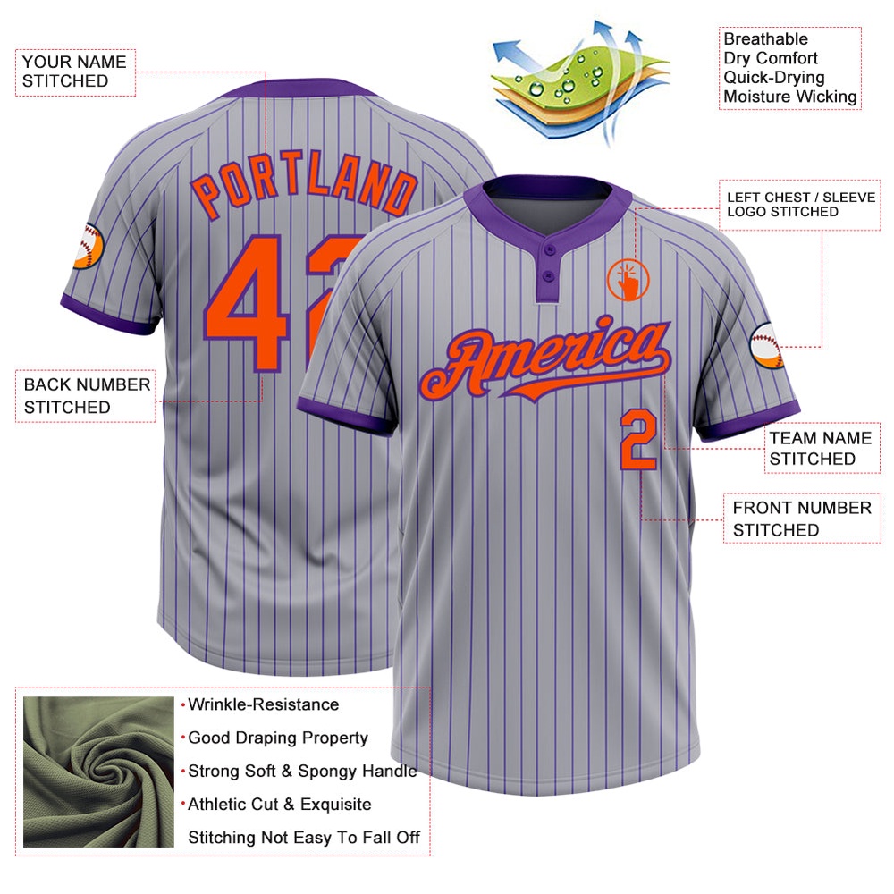 Gray Purple Pinstripe Orange Two Button Unisex Softball Jersey, Custom Team Softball Jersey