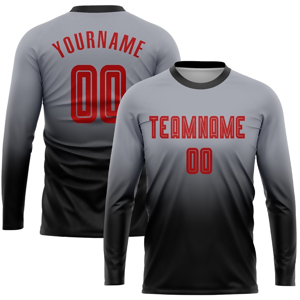 Gray Red Black Sublimation Long Sleeve Fade Fashion Soccer Uniform Jersey, Custom Team Soccer Jersey Shirt