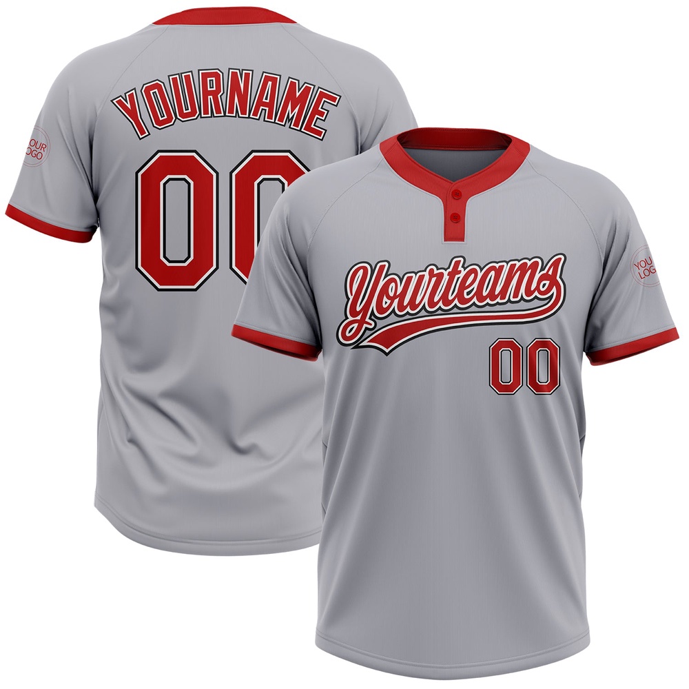 Gray Red Black Two Button Unisex Softball Jersey, Custom Team Softball Jersey