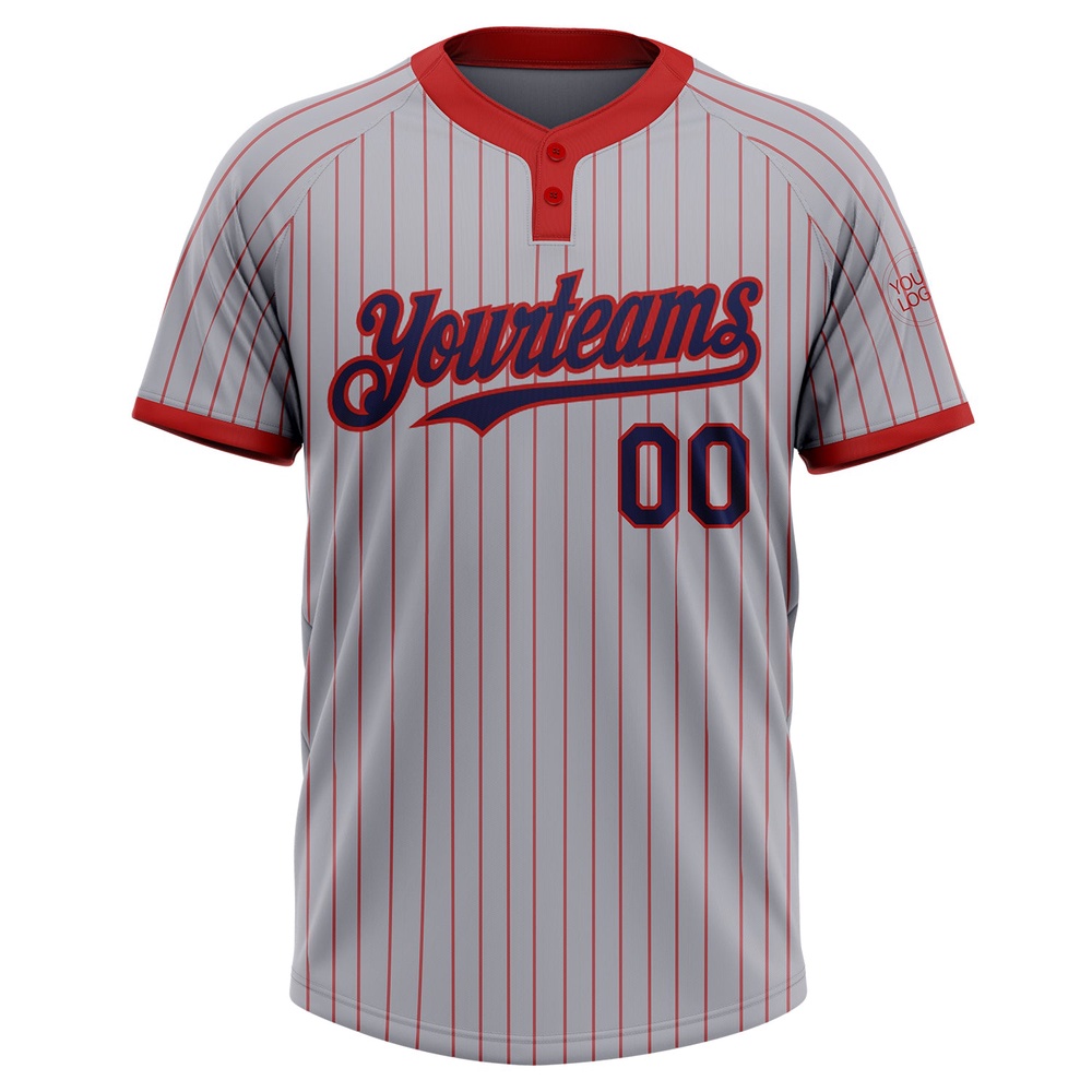 Gray Red Pinstripe Navy Two Button Unisex Softball Jersey, Custom Team Softball Jersey