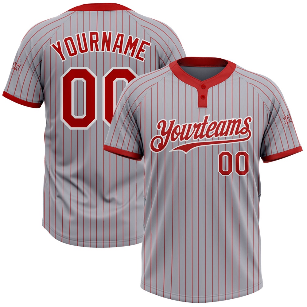 Gray Red Pinstripe White Two Button Unisex Softball Jersey, Custom Team Softball Jersey