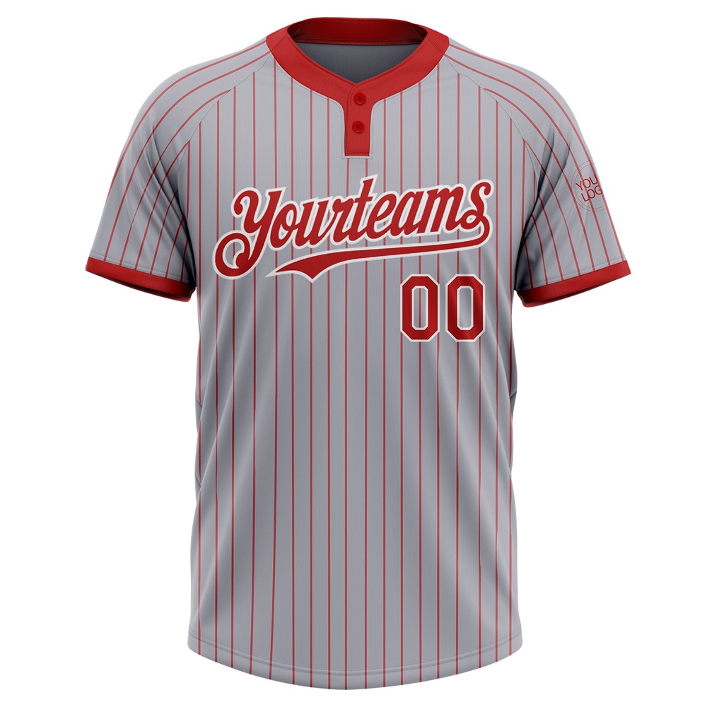 Gray Red Pinstripe White Two Button Unisex Softball Jersey, Custom Team Softball Jersey