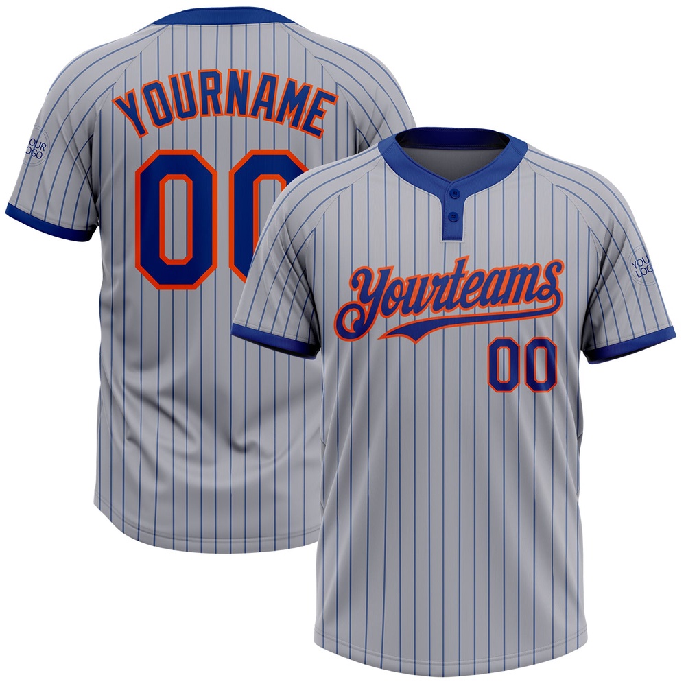 Gray Royal Pinstripe Orange Two Button Unisex Softball Jersey, Custom Team Softball Jersey