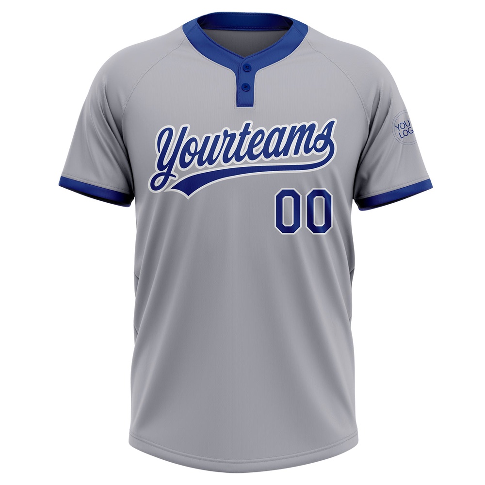 Gray Royal White Two Button Unisex Softball Jersey, Custom Team Softball Jersey