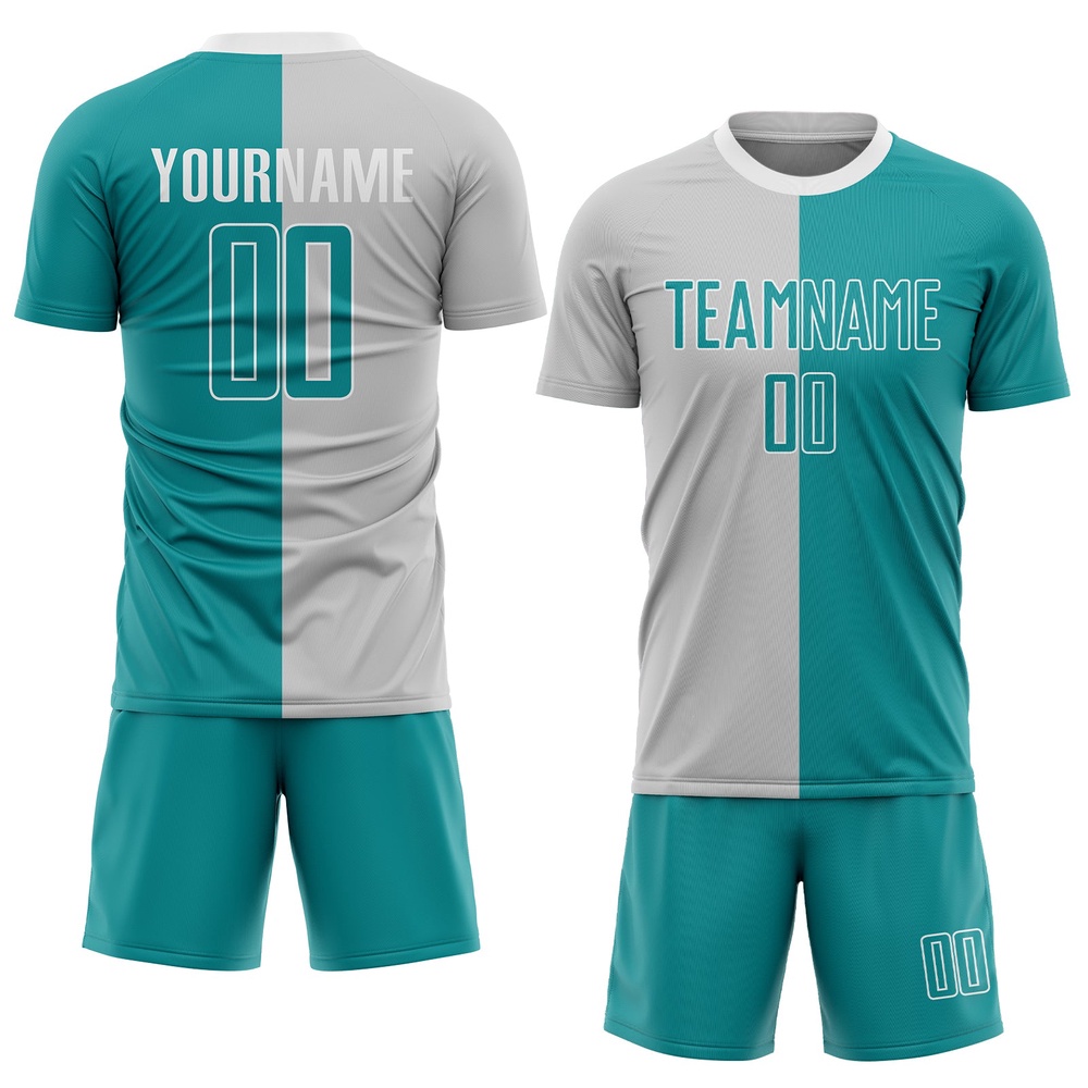 Gray Teal White Sublimation Split Fashion Soccer Uniform Jersey, Custom Team Soccer Jersey Shirt