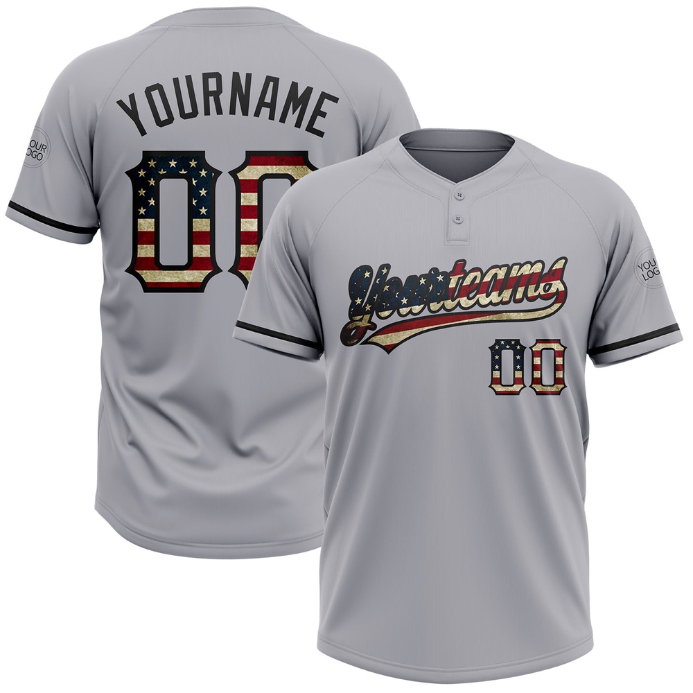 Gray Vintage USA Flag Black Two Button Unisex Softball Jersey, Custom Team Softball Jersey